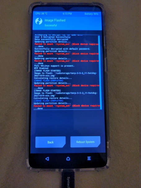 TWRP flashing results